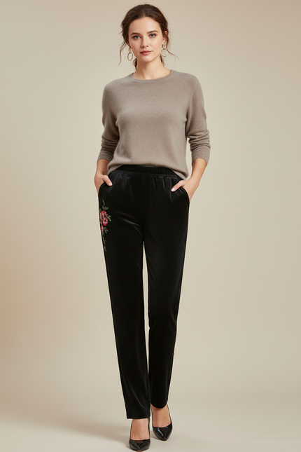 Pantalon Velours Noir Brodé Fleurs Élégant Femme
