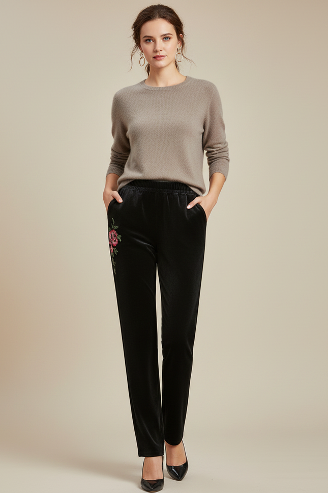 Pantalon Velours Noir Brodé Fleurs Élégant Femme