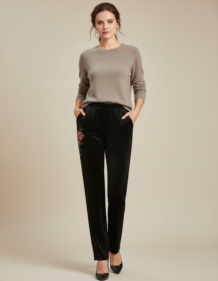 Pantalon Velours Noir Brodé Fleurs Élégant Femme
