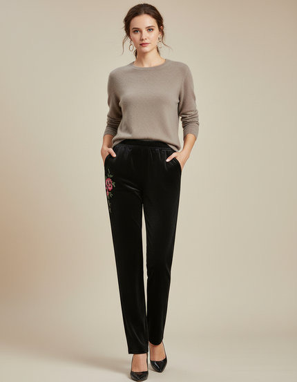 Pantalon Velours Noir Brodé Fleurs Élégant Femme