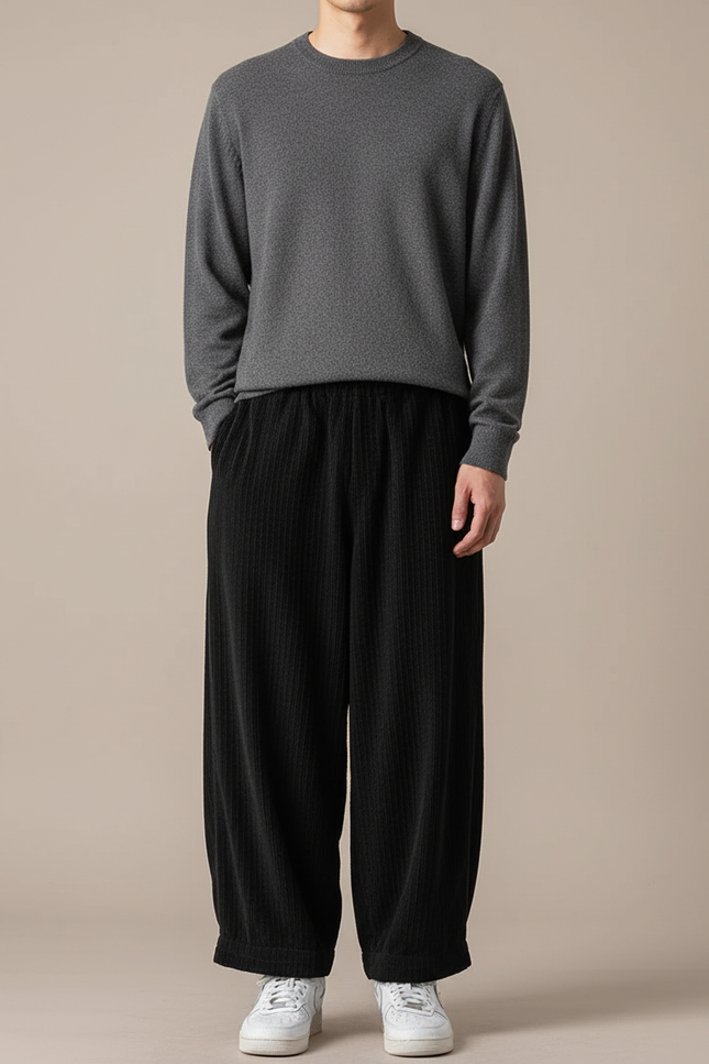 Pantalon Velours Noir Côtelé Ample Décontracté Hiver Homme - Cordé