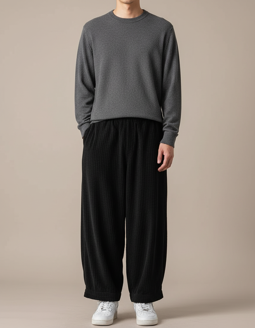 Pantalon Velours Noir Côtelé Ample Décontracté Hiver Homme - Cordé