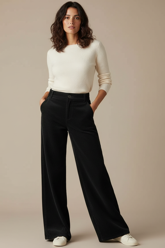 Pantalon Femme Velours Cotelé Noir - Cordé