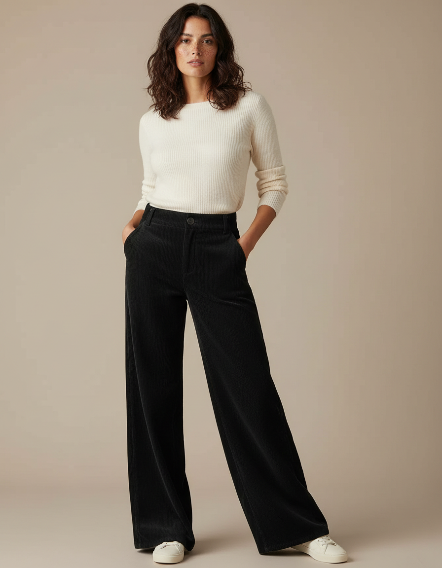 Pantalon Femme Velours Cotelé Noir - Cordé