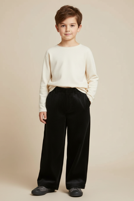 Pantalon Velours Noir Ample Côtelé Garçon - Cordé