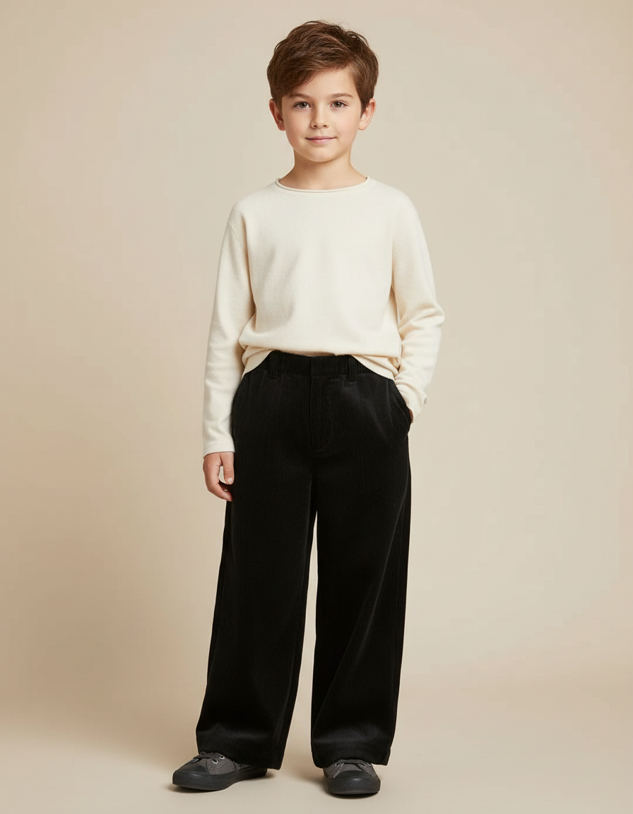 Pantalon Velours Noir Ample Côtelé Garçon - Cordé