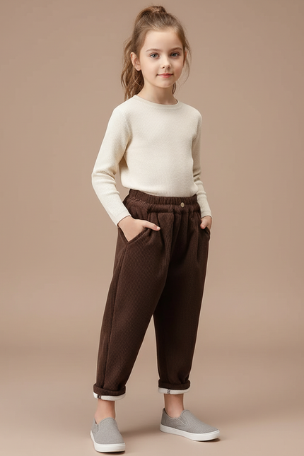 Pantalon Velours Marron Côtelé Ample Enfant Doublé - Cordé
