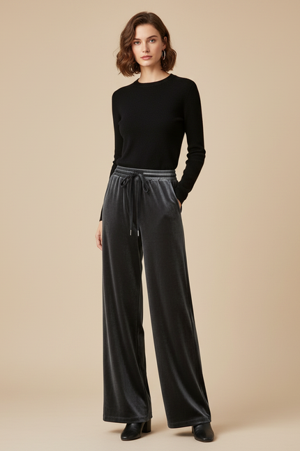 Pantalon Velours Gris Élastique Ample Femme Chic
