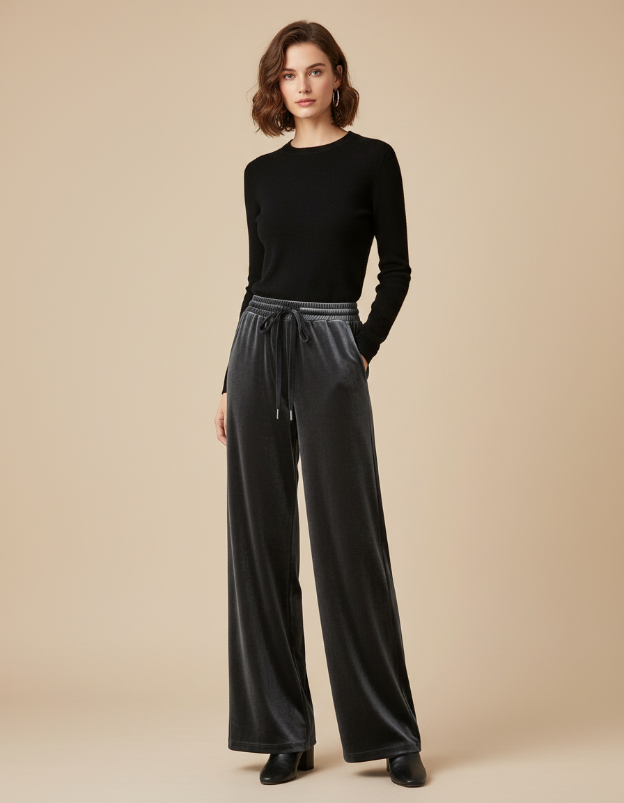 Pantalon Velours Gris Élastique Ample Femme Chic