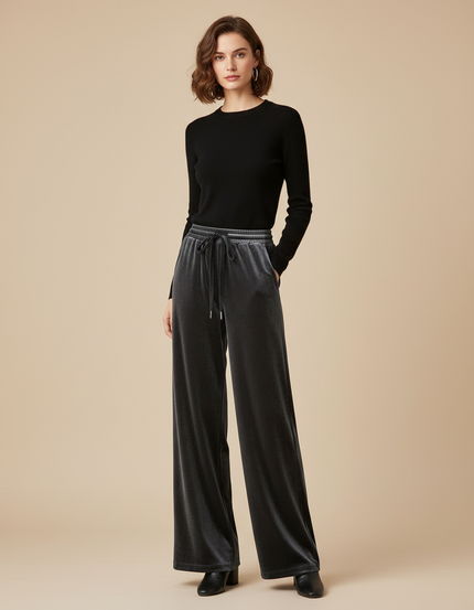 Pantalon Velours Gris Élastique Ample Femme Chic