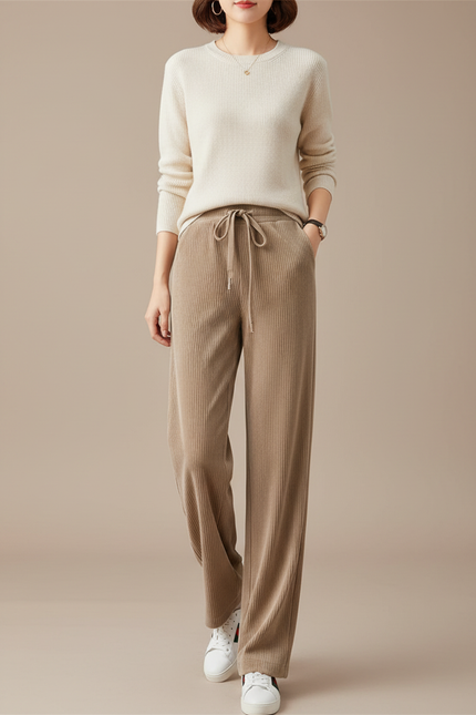 Pantalon Velours Côtelé Droit Ample Beige Femme - Cordé