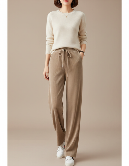 Pantalon Velours Côtelé Droit Ample Beige Femme - Cordé
