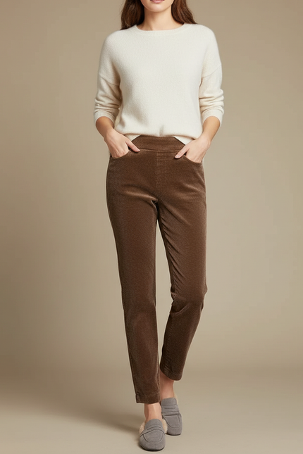 Pantalon Velours Côtelé Marron Femme Taille Haute - Cordé