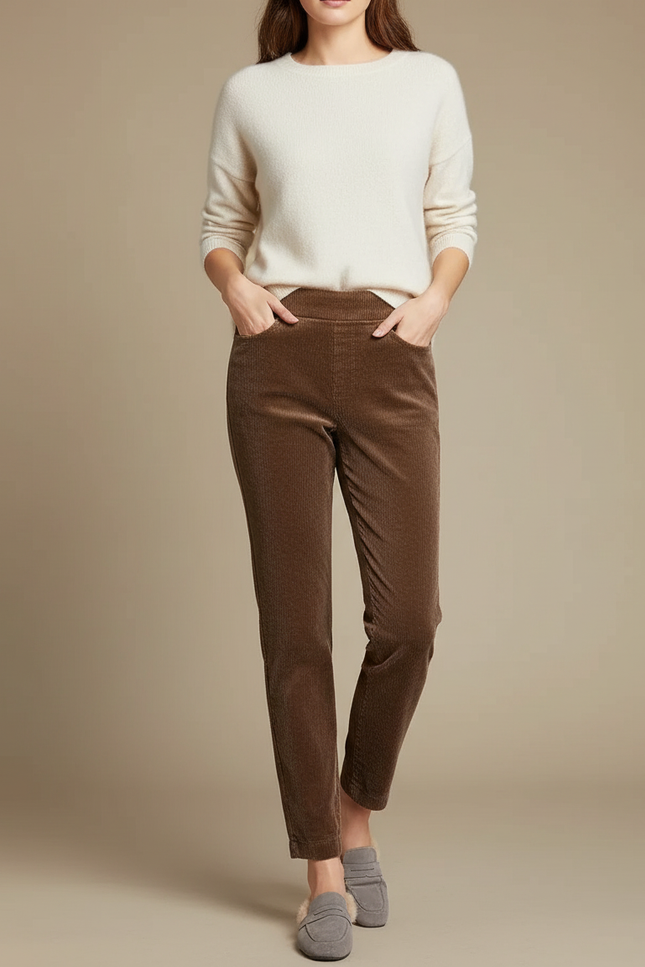 Pantalon Velours Côtelé Marron Femme Taille Haute - Cordé