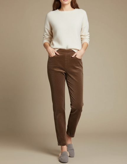 Pantalon Velours Côtelé Marron Femme Taille Haute - Cordé