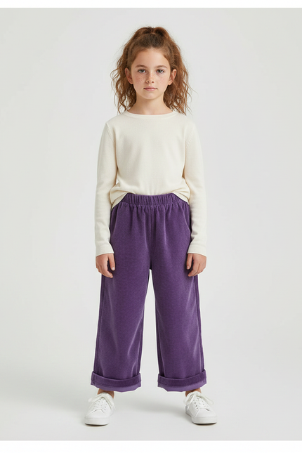 Pantalon Velours Violet Côtelé Ample Élastique Enfant - Cordé