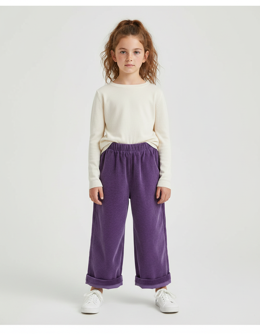 Pantalon Velours Violet Côtelé Ample Élastique Enfant - Cordé
