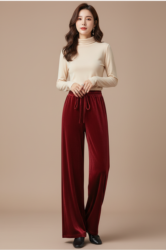 Pantalon Velours Bordeaux Fluide Ample Élégant Femme