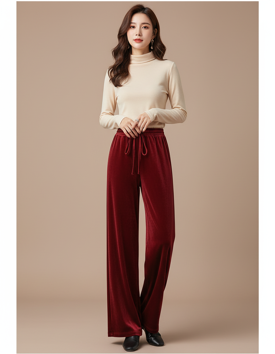 Pantalon Velours Bordeaux Fluide Ample Élégant Femme