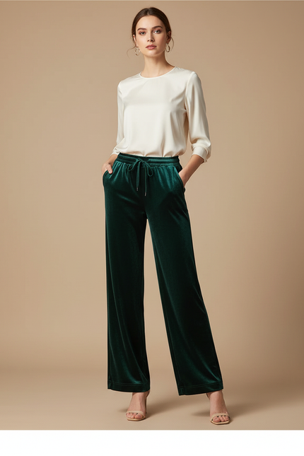 Pantalon Velours Vert Émeraude Ample Fluide Élégant Femme