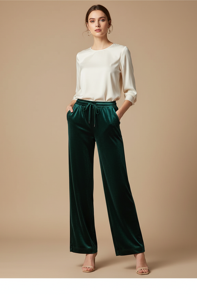 Pantalon Velours Vert Émeraude Ample Fluide Élégant Femme