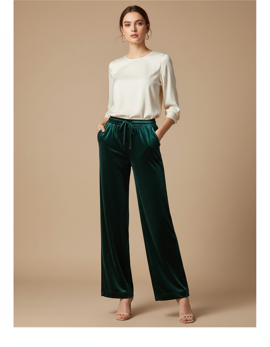 Pantalon Velours Vert Émeraude Ample Fluide Élégant Femme