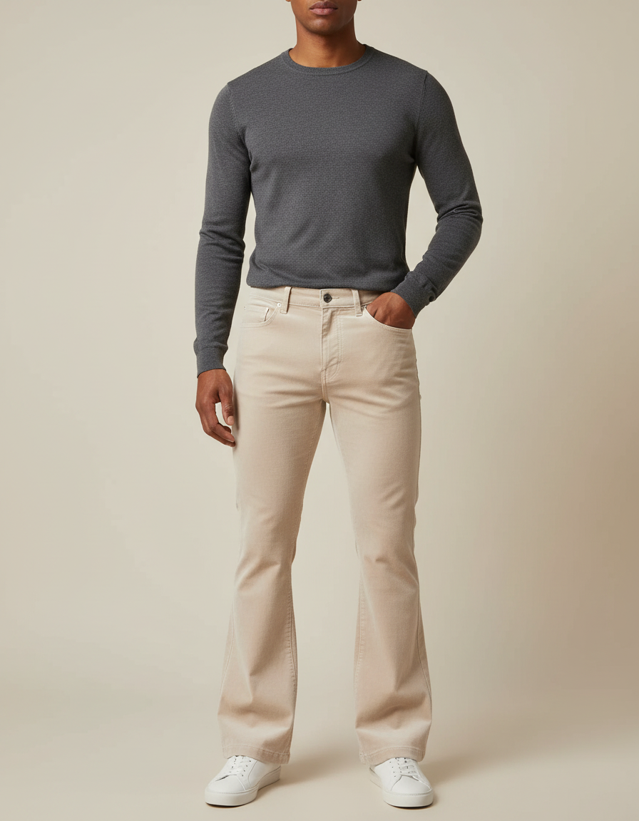Pantalon Velours Beige Évasé Côtelé Homme Décontracté - Cordé