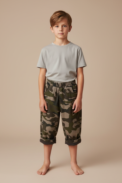 Pantalon Velours Camouflage Enfant Court Ample Doux - Kaki