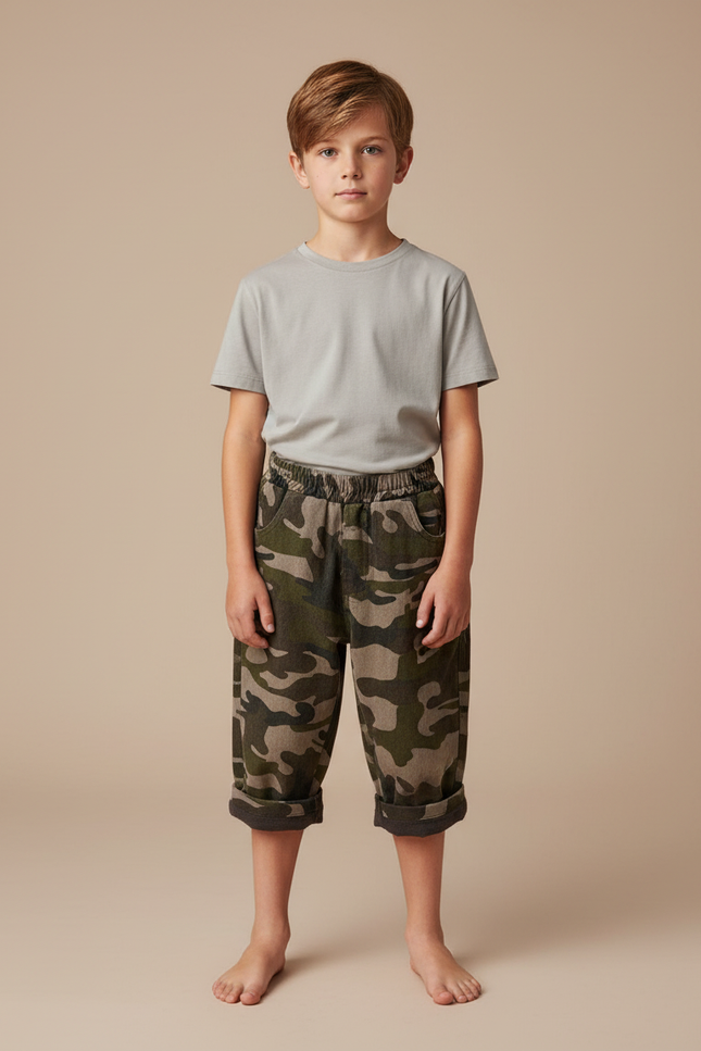 Pantalon Velours Camouflage Enfant Court Ample Doux - Kaki