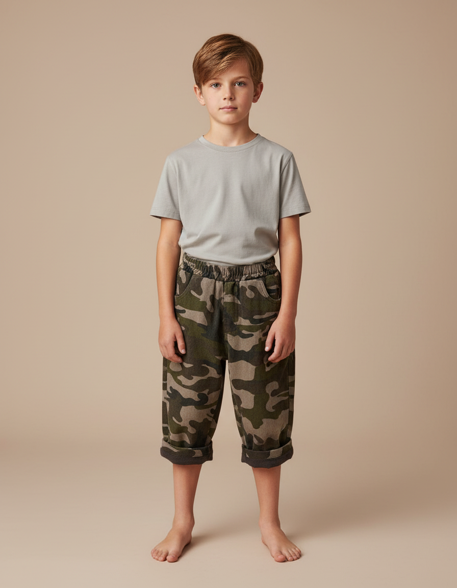 Pantalon Velours Camouflage Enfant Court Ample Doux - Kaki