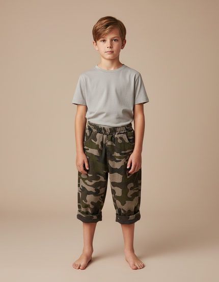 Pantalon Velours Camouflage Enfant Court Ample Doux - Kaki