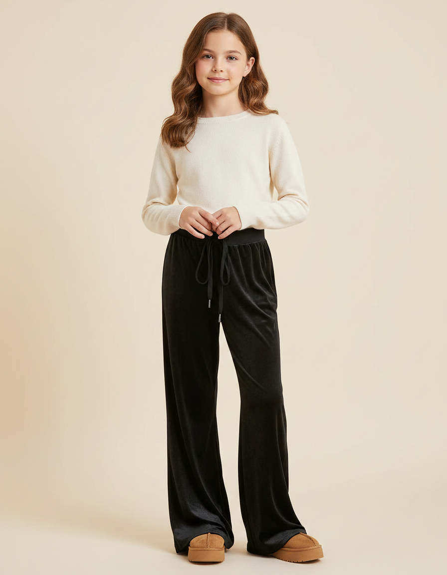 Pantalon Velours Noir Ample Droit Fille Confortable