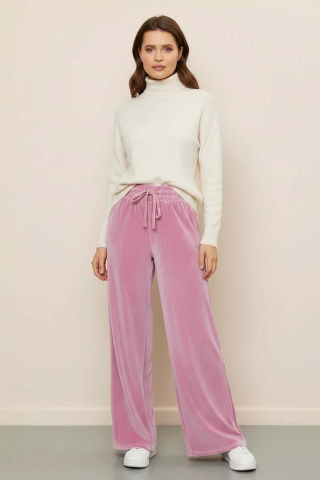 Pantalon Velours Rose Ample Fluide Cordon Femme