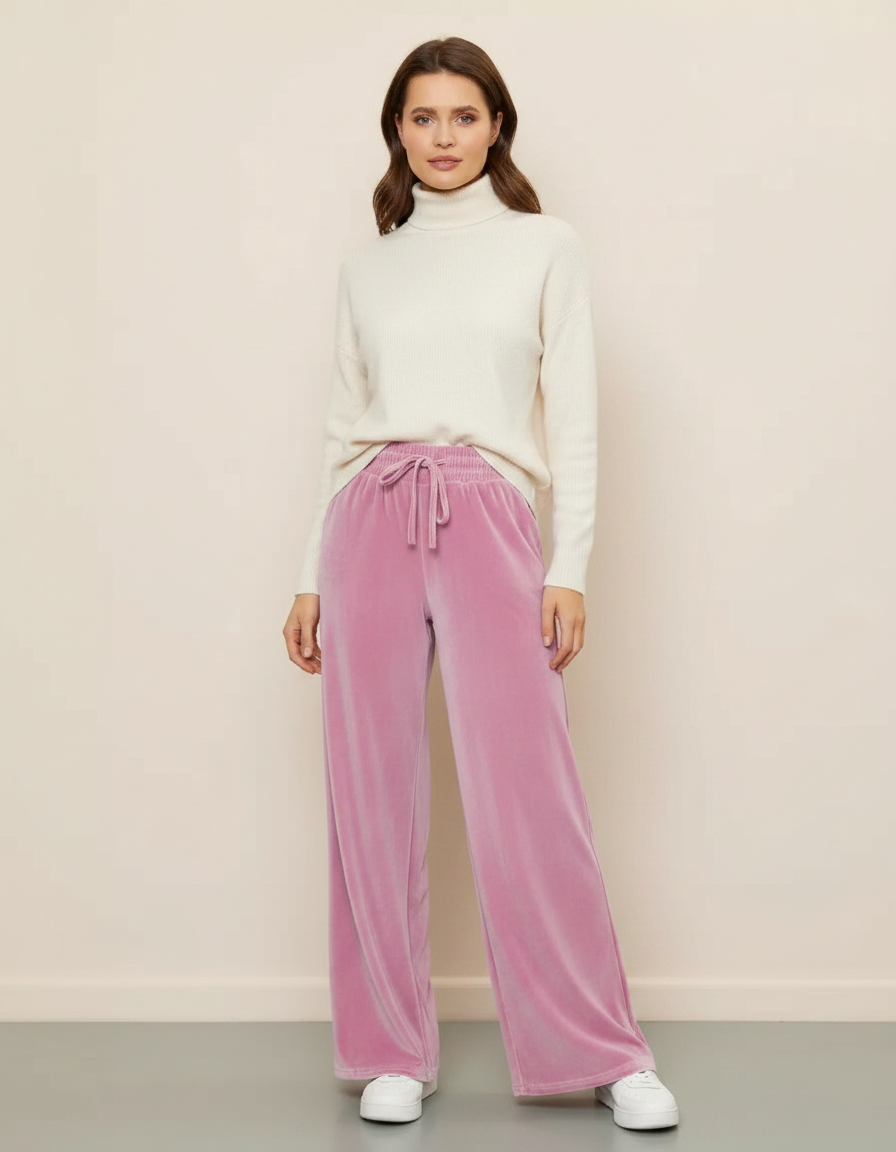 Pantalon Velours Rose Ample Fluide Cordon Femme