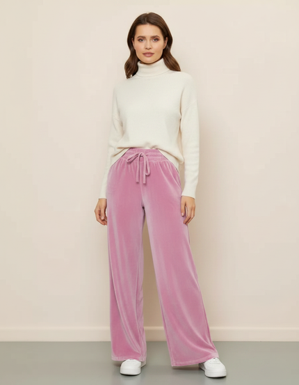 Pantalon Velours Rose Ample Fluide Cordon Femme