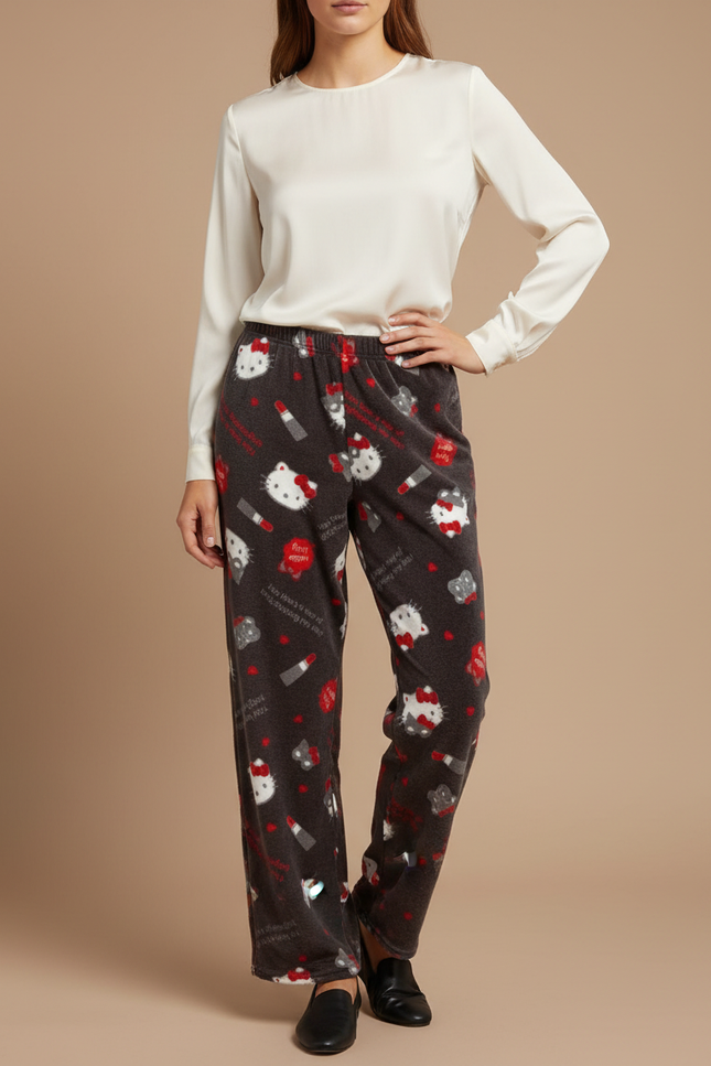 Pantalon Velours Gris Imprimé Hello Kitty Ample Chaud