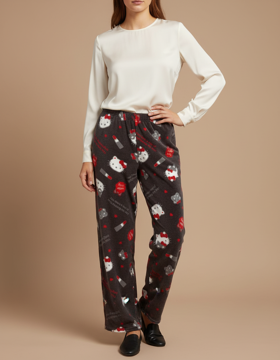 Pantalon Velours Gris Imprimé Hello Kitty Ample Chaud