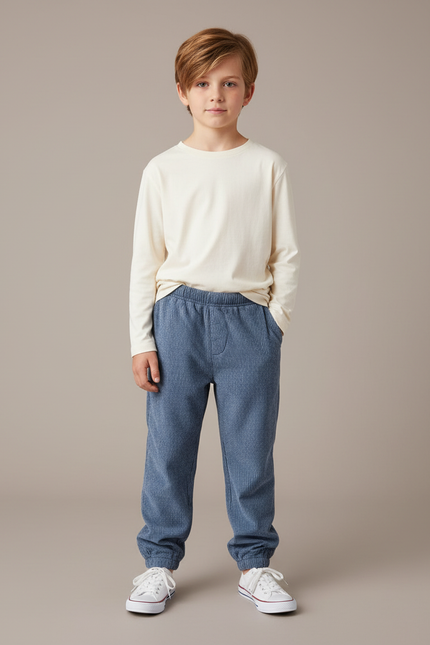 Pantalon Velours Côtelé Enfant Bleu Doux Élastique