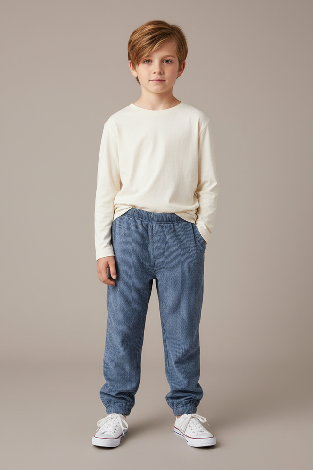 Pantalon Velours Côtelé Enfant Bleu Doux Élastique
