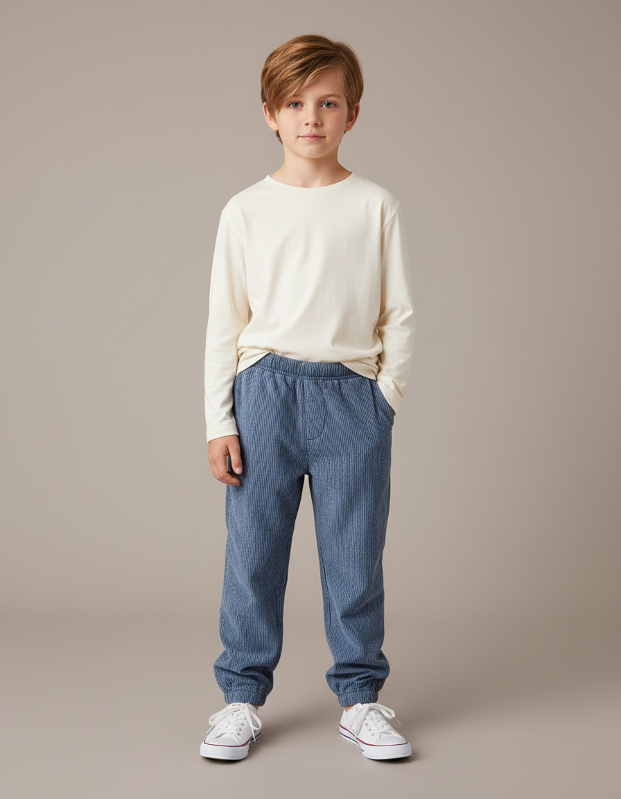 Pantalon Velours Côtelé Enfant Bleu Doux Élastique