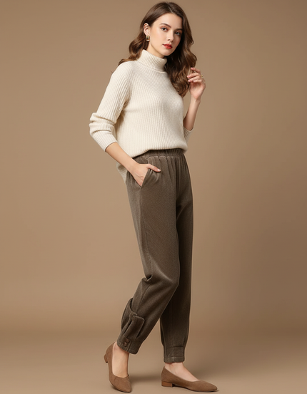 Pantalon Velours Côtelé Harem Élastique Boutons Marron - Cordé