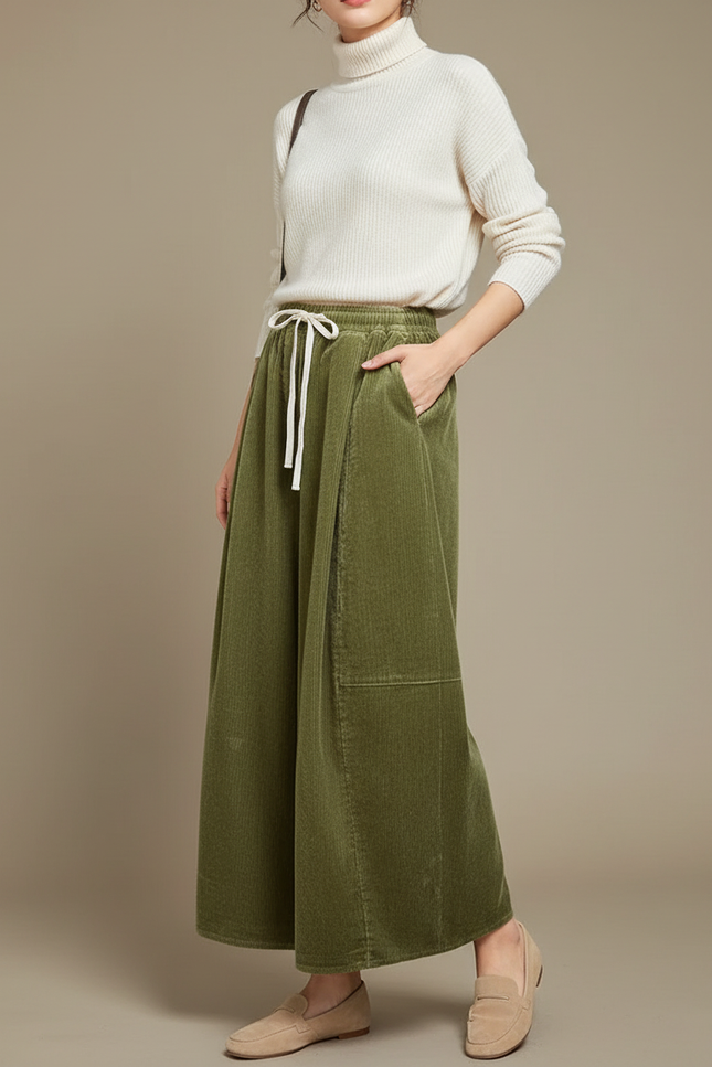 Pantalon Velours Côtelé Ample Vert Confortable Femme - Cordé