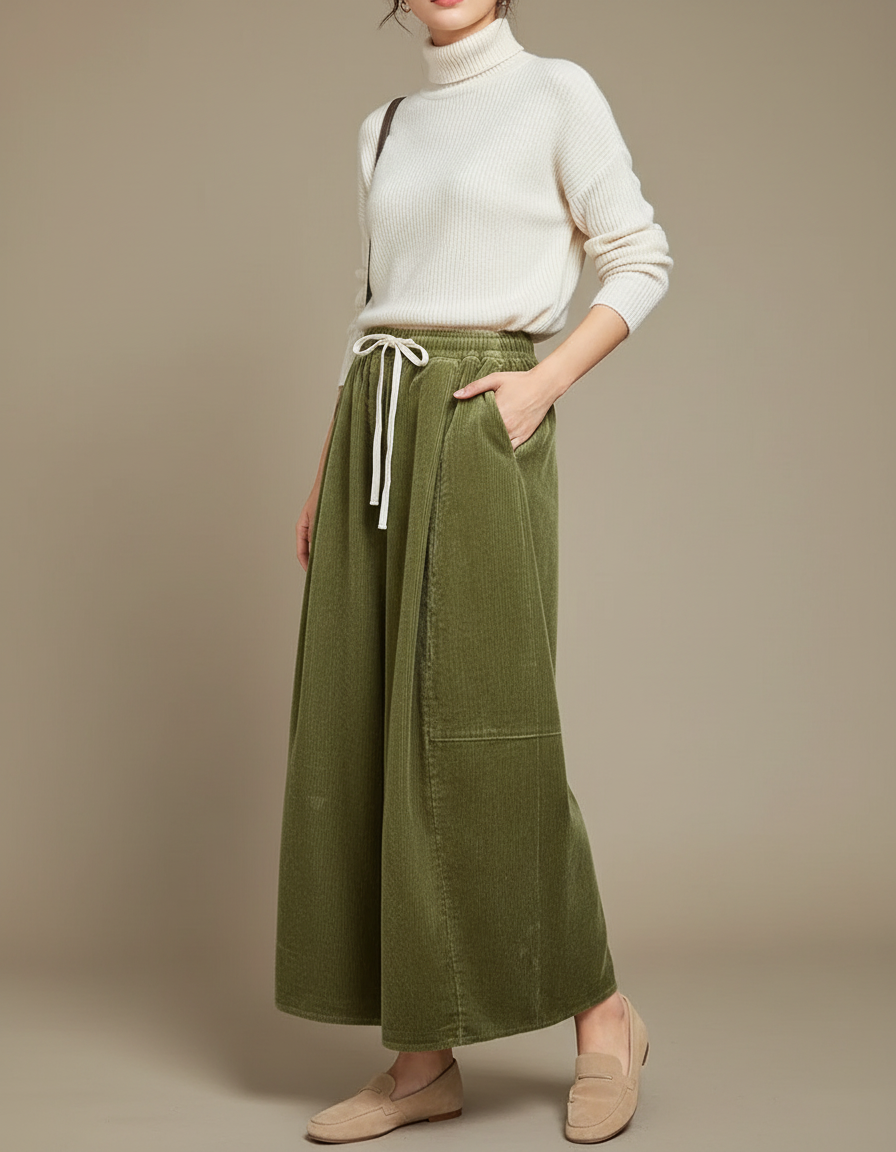 Pantalon Velours Côtelé Ample Vert Confortable Femme - Cordé