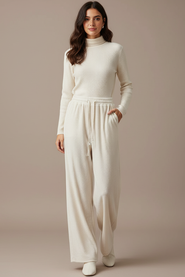 Pantalon Velours Côtelé Large Écru Décontracté Femme - Beige Maille