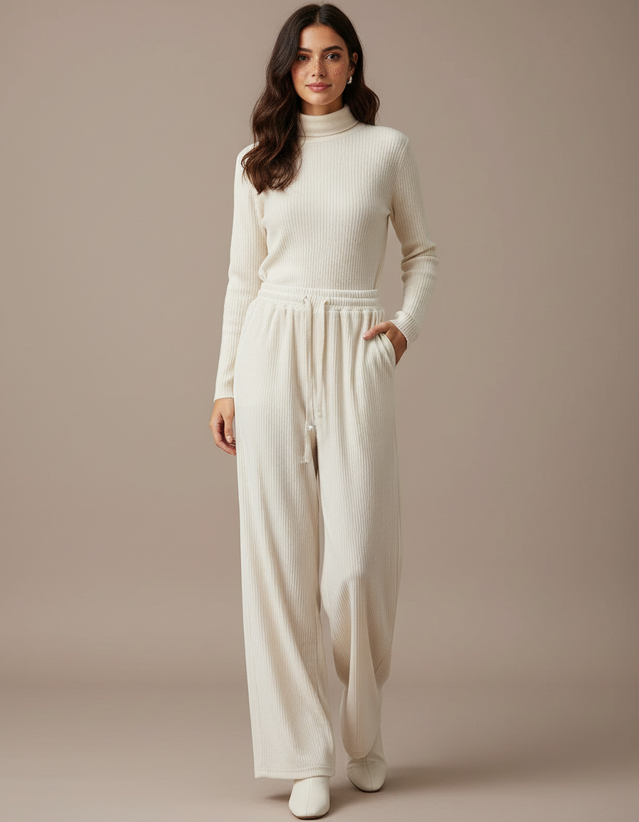 Pantalon Velours Côtelé Large Écru Décontracté Femme - Beige Maille