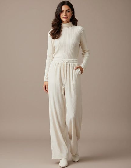 Pantalon Velours Côtelé Large Écru Décontracté Femme - Beige Maille