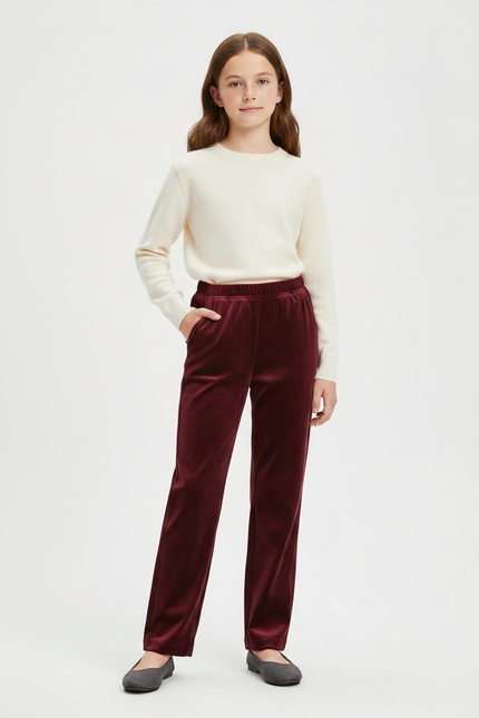 Pantalon Velours Bordeaux Côtelé Droit Élastique Femme - Cordé