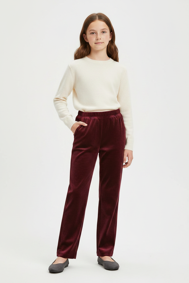 Pantalon Velours Bordeaux Côtelé Droit Élastique Femme - Cordé