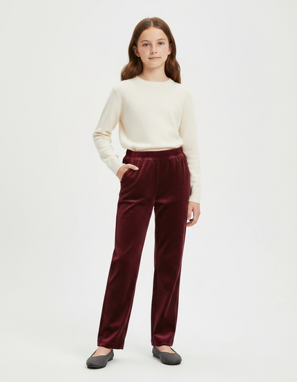 Pantalon Velours Bordeaux Côtelé Droit Élastique Femme - Cordé