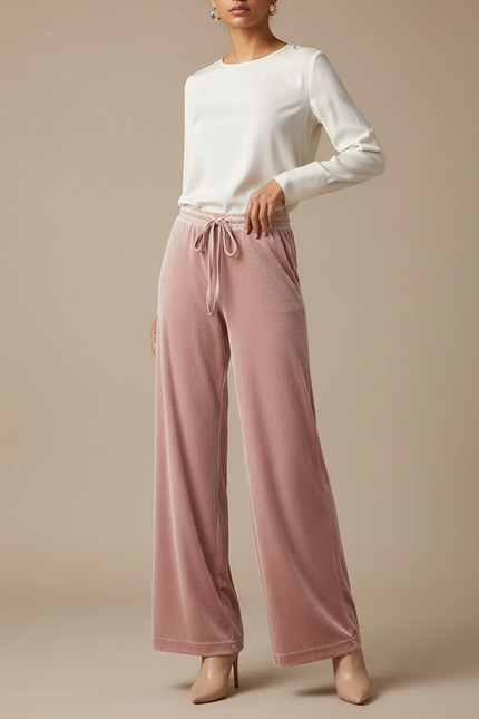 Pantalon Velours Rose Ample Droit Élégant Femme